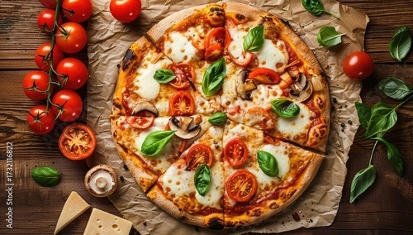 Fototapeta Margherita Pizza Close-Up on Paper, Tomatoes, & Basil; Food Blog, Menu, Recipe