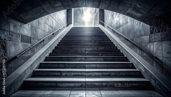 Fototapeta Stairway Leading to Bright Light in Concrete Tunnel Perspective View