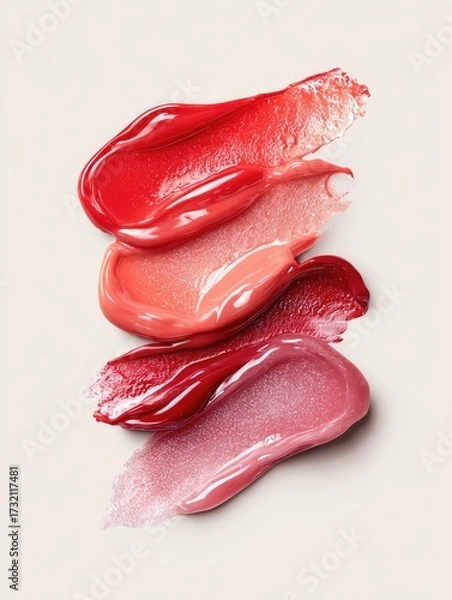Fototapeta Lipstick swatches arranged vertically on plain surface, makeup art for cosmetics ads