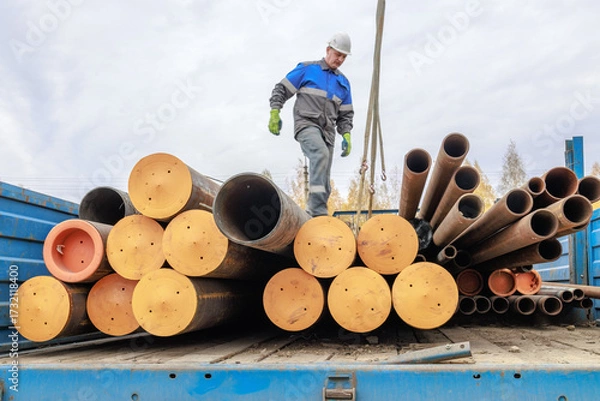 Fototapeta A construction worker in a helmet and gloves inspects steel pipes stacked on a truck. The setting is industrial, showcasing heavy machinery and materials.