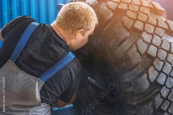 Fototapeta A mechanic is repairing a large tire in a workshop, showcasing the tools and equipment used in tire maintenance. The atmosphere is focused and industrious.