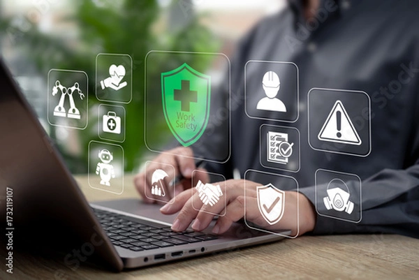 Fototapeta Work Safety and Risk Management Concept, Businessman Ensuring Workplace Safety, Compliance with Safety First Standards, Occupational Health,Corporate Security, Accident Prevention, Employee Protection