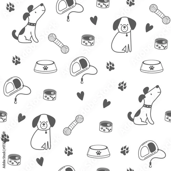 Fototapeta Seamless pattern with outline dogs. Vector illustration in doodle style. Cute dogs, retractable dog leash, bowl and canned goods on white background. Pet background.