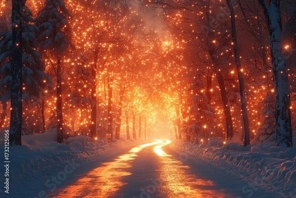 Obraz Snowy road with lights shining on the glistening white snow.