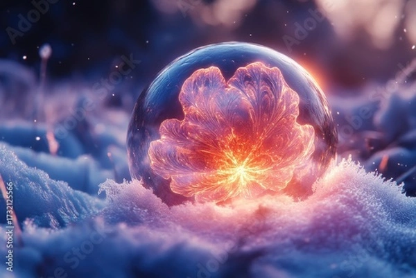 Obraz Crystal ball in the snow, reflecting winter scenery.