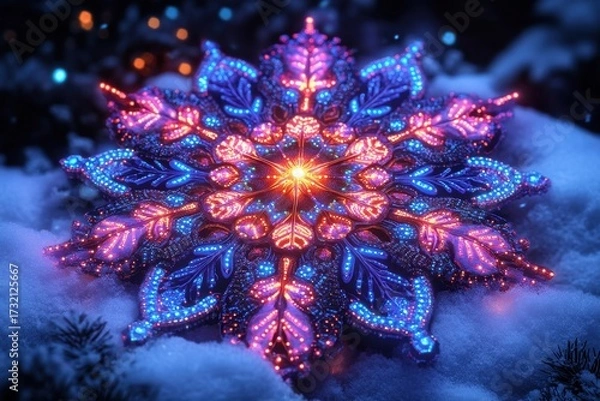 Obraz Snowflake illuminated by blue and pink lights.