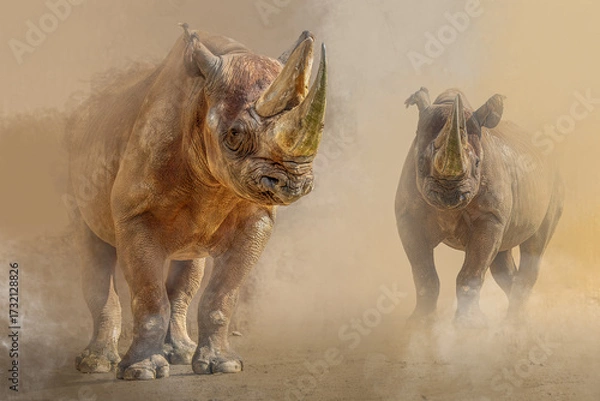 Fototapeta Two Black Rhinoceros Walking Through Thick Dust in Warm Golden Backlight