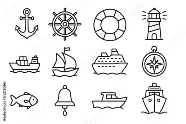 Obraz Sea and marine thin line icon set. Sailing, boating, and nautical travel concept symbols. Vector outline graphics. Anchor, ship helm, lighthouse, boat, cruise, compass signs.