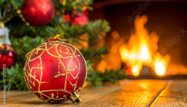 Fototapeta Copy space close up Christmas ornament with blurry furnace with pine tree as background