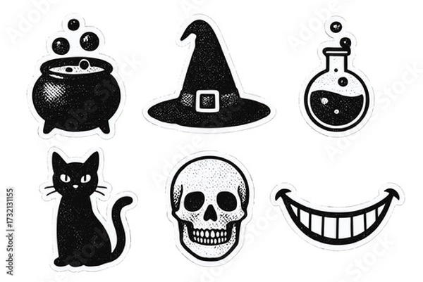 Obraz Witchcraft and Halloween icon set with halftone collage paper stickers. Features a spooky cauldron, witch hat, black cat, magic potion, creepy skull and scary smile vector elements.