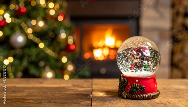 Fototapeta Copy space close up Christmas globe with blurry furnace with pine tree as background