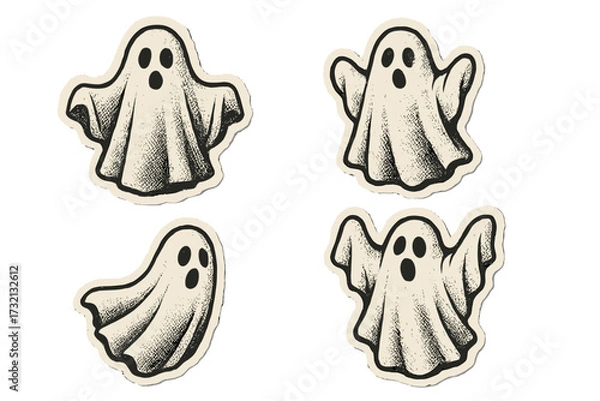 Obraz White sheet ghost sticker set for Halloween. Halftone mixed media collage paper effect. Dotted vintage illustration in 90s zine style. Spooky horror cartoon character pack.