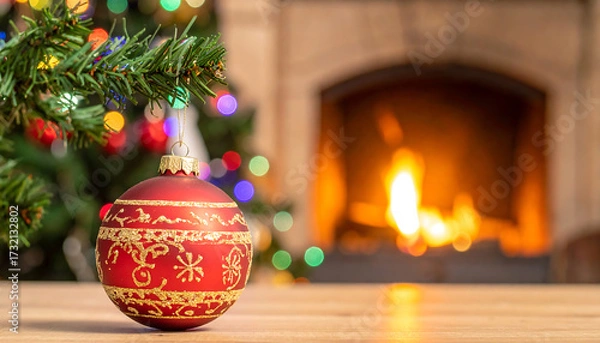Fototapeta Copy space close up Christmas ornament with blurry furnace with pine tree as background