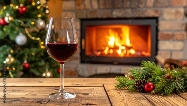 Fototapeta Copy space close up red wine in the glass placed with blurry furnace with pine tree as background