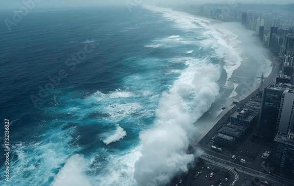 Fototapeta massive tsunami sea wave crashing into a city