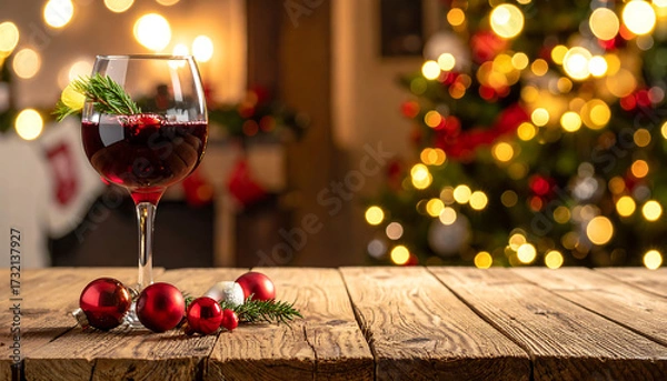 Fototapeta Copy space close up red wine in the glass placed with blurry furnace with pine tree as background