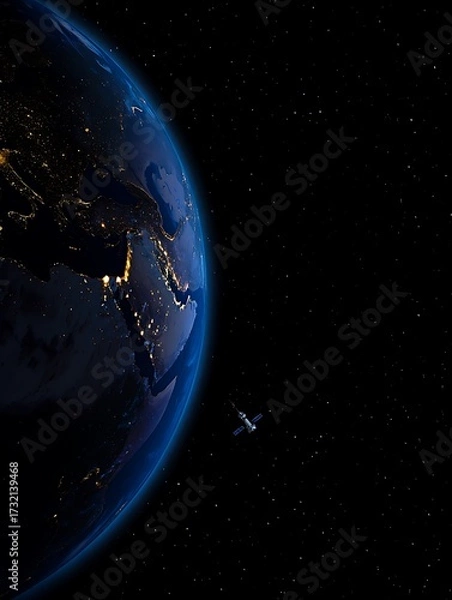 Fototapeta Earth at Night with Illuminated City Lights and Satellite – High Resolution Realistic Rendering