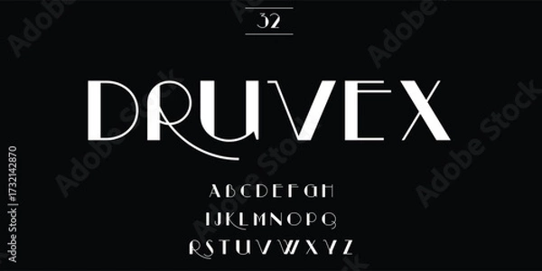 Fototapeta Elegant art deco font druvex with alphabet and numbers on black background
