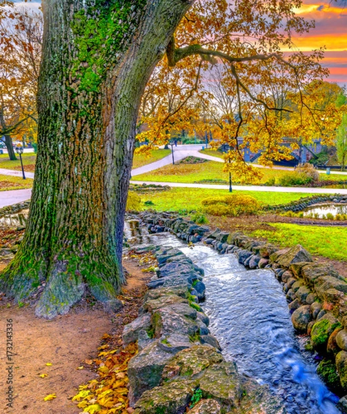 Obraz Small decorative water cascade in public city park at autumn season