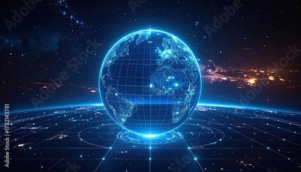 Fototapeta Abstract Glowing Sphere with Luminous Dots and Geometric Lines in Dark Background Sci Fi Digital Display
