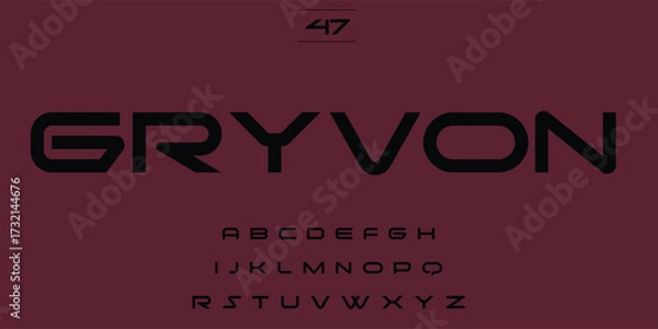 Fototapeta Modern sans serif font gryvon displayed with alphabet characters on a dark red background
