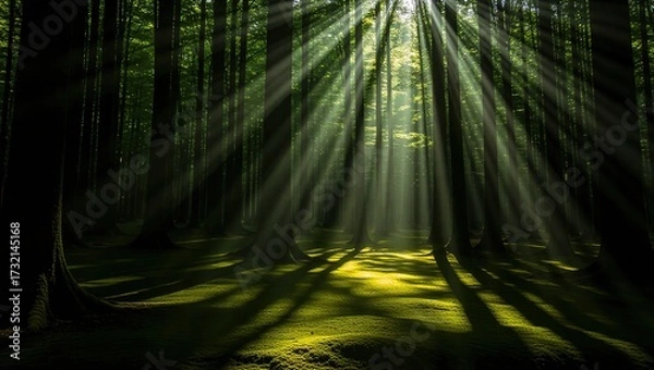 Fototapeta Sunbeams pierce the dense forest canopy, illuminating the vibran