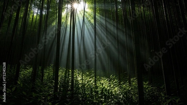 Fototapeta Sunbeams pierce through the dense bamboo forest, illuminating th