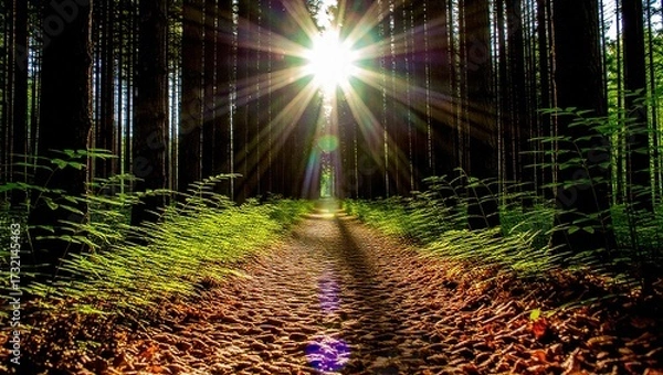 Fototapeta Sunburst Through Forest Canopy Illuminating Fern-Lined Path