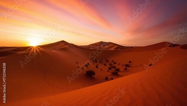 Fototapeta Sunrise over the Sahara Desert dunes with sparse vegetation and