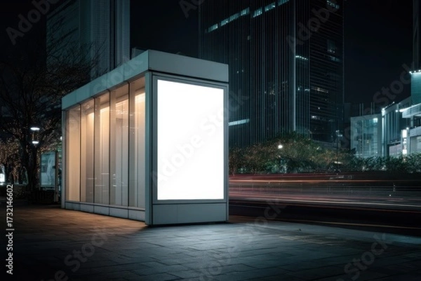 Fototapeta A brightly lit blank billboard stands on a city street at night, surrounded by modern buildings and blurred lights from passing vehicles