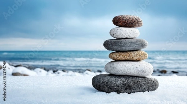 Fototapeta A stack of smooth stones balanced on snow near the sea under a calm, blue sky