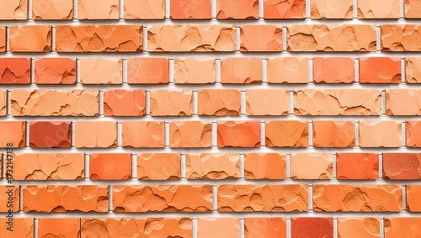 Fototapeta Textured brick wall with varying shades of orange and rough surf