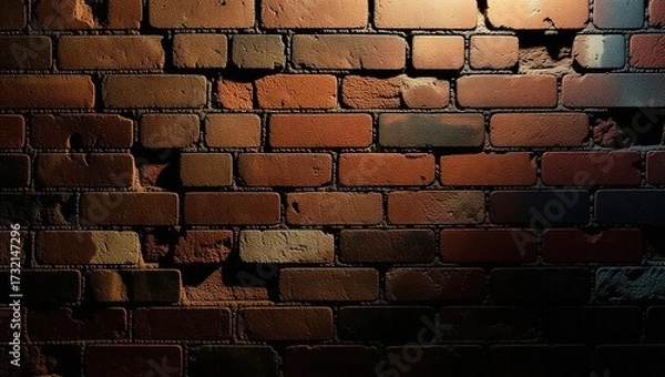 Fototapeta Textured brick wall with warm lighting highlighting the rough su