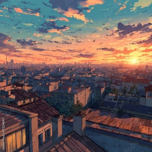 Fototapeta Urban Rooftop View at Sunset with Orange Sky and Clouds Artwork