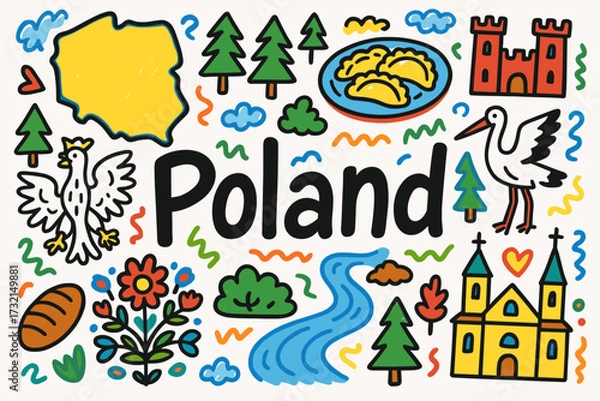 Obraz Poland culture outline icon set. traditional motifs, symbols, landmarks in outline style.