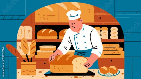 Obraz The baker is baking. Cartoon hand-drawn vector illustration