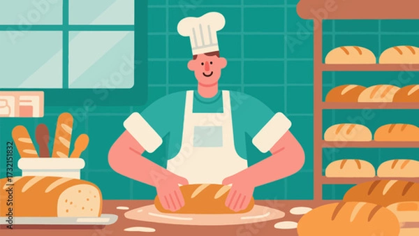 Obraz The baker is baking. Cartoon hand-drawn vector illustration