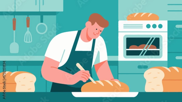 Obraz The baker is baking. Cartoon hand-drawn vector illustration