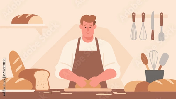 Obraz The baker is baking. Cartoon hand-drawn vector illustration
