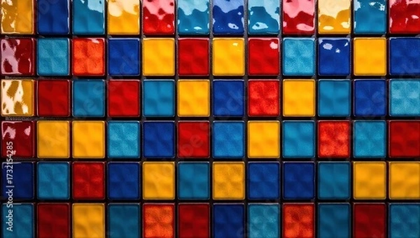 Fototapeta Vibrant glossy ceramic tiles in a grid pattern with yellow, red,