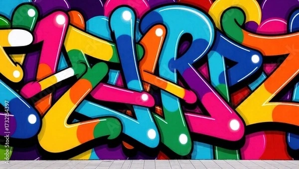 Fototapeta Vibrant graffiti art featuring bold, rounded letters in a spectr