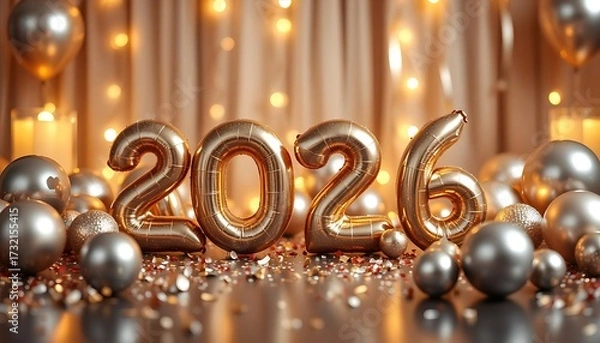 Fototapeta Golden 2026 Balloon Numbers with Silver Balloons and Sparkling Confetti – Elegant New Year Background