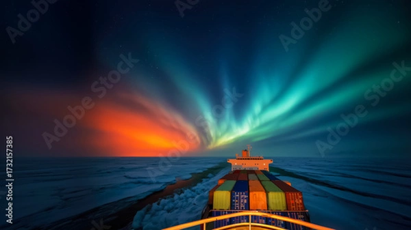 Fototapeta view from large container ship loaded with containers of aurora borealis in northern night sky, copy space explores new routes maritime trade, reduction in cargo shipping after climate change