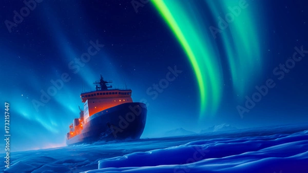 Fototapeta poster of an icebreaker cutting a path through polar ice, a starry sky with the northern lights during the polar night, and the opening of new trade routes