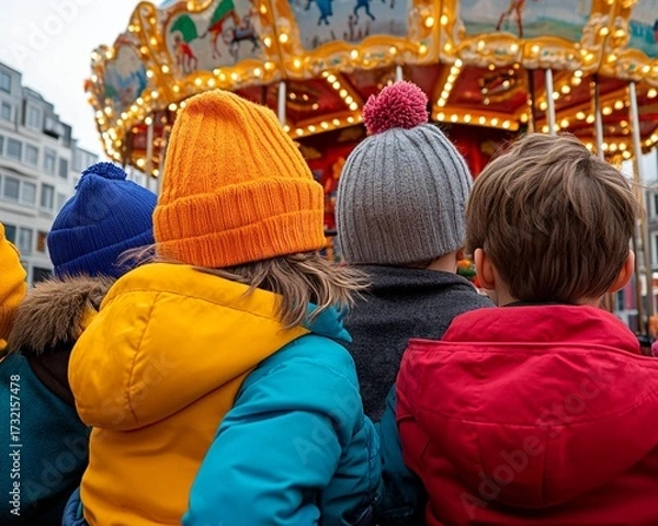 Obraz Vibrant winter hats on young children eagerly awaiting a turn on a dazzling illuminated carousel at a festive outdoor market capturing the pure joy of childhood adventures