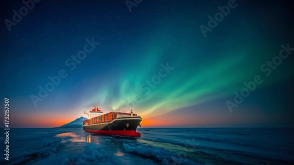 Fototapeta large container ship loaded with containers sails along the Northern Sea Route, new routes for maritime trade, reduced cargo shipping due to climate change, and the bright northern lights in the sky