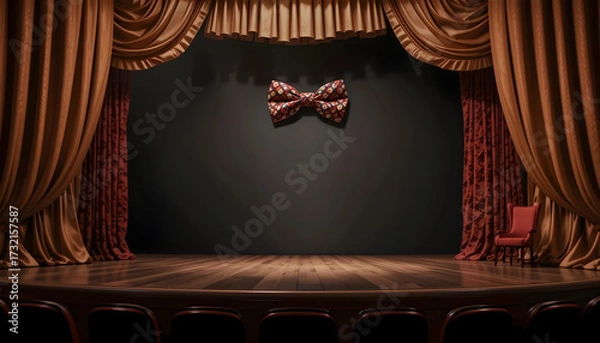 Obraz Empty theater stage with patterned bow tie and red chair image