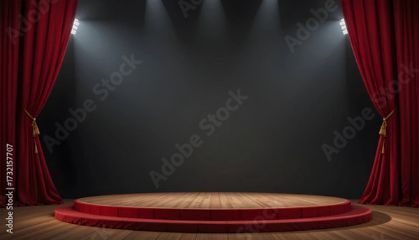 Obraz Empty theater stage with red velvet curtains and wooden floor performance