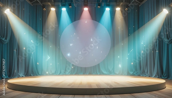 Obraz Empty wooden stage with blue curtains and spotlights theater performance