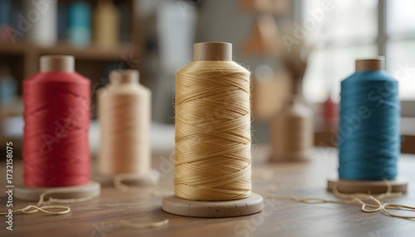 Obraz Four spools of thread red beige gold and blue on a wooden table sewing craft